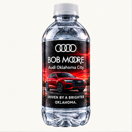 Realistic clear water bottle with Audi and Bob Moore branded label