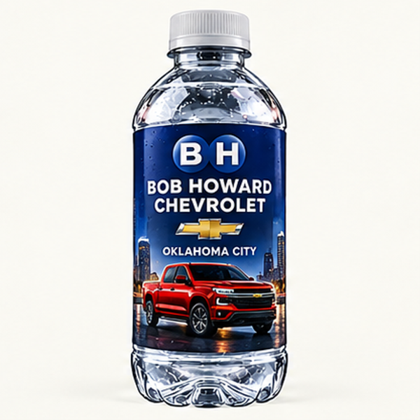 Realistic clear water bottle with Bob Howard Chevrolet branded label