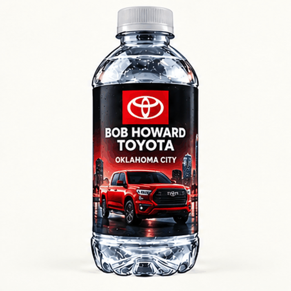 Realistic clear water bottle with Bob Howard Toyota branded label