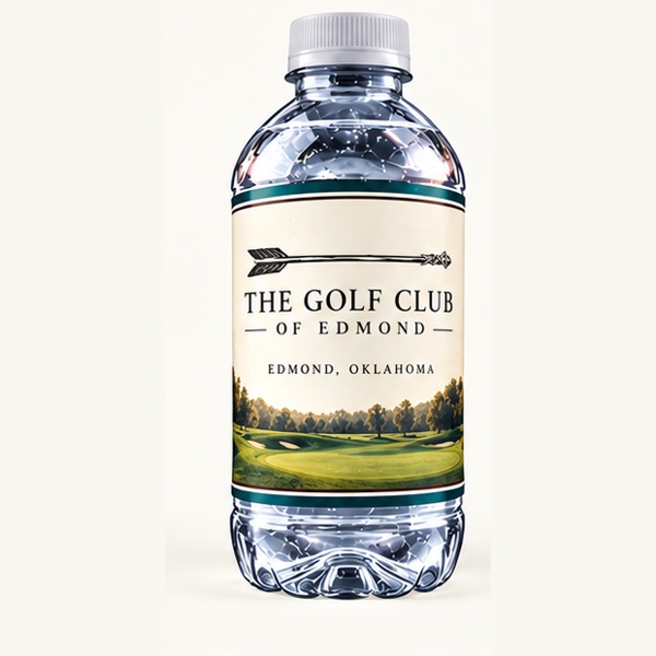 Realistic clear water bottle with The Golf Club of Edmond branded label