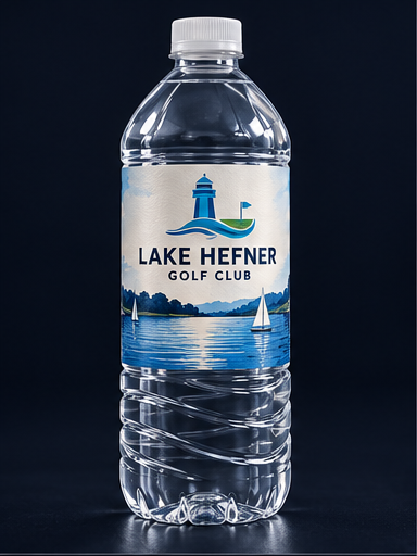 Realistic clear water bottle with Lake Hefner Golf Club branded label