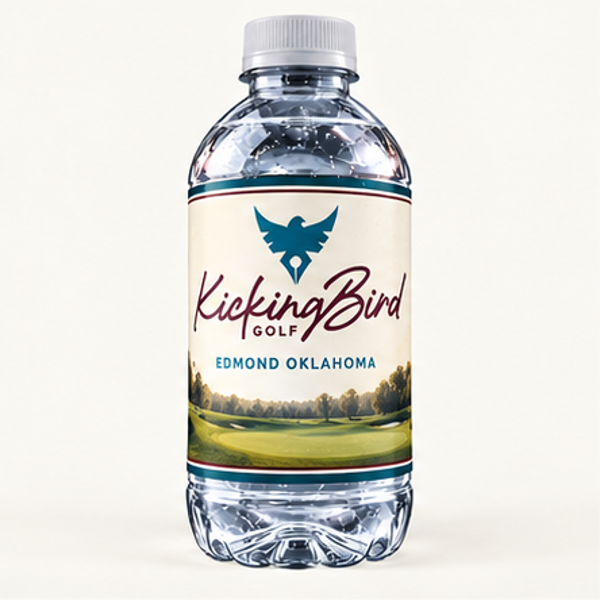 Realistic clear water bottle with KickingBird Golf branded label